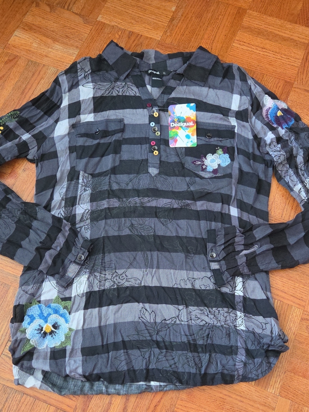 Desigual Black and Gray Plaid Embroidered Long-Sleeve Blouse